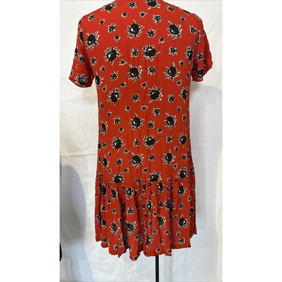 GANNI Rosemary Coral Red Pleated Flowers Floral Tiered Ruffle Summer Dress Sz XS - Picture 3 of 16